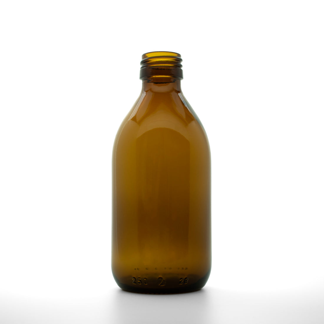 Amber glazen fles van 250 ml, zonder dop.