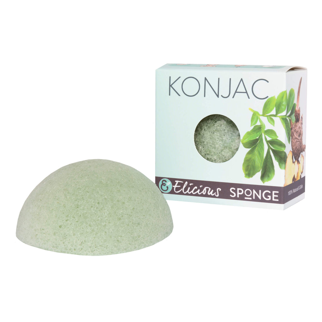 Licht groene konjac gezichtsspons van Elicious met Aloe vera naast doosje.