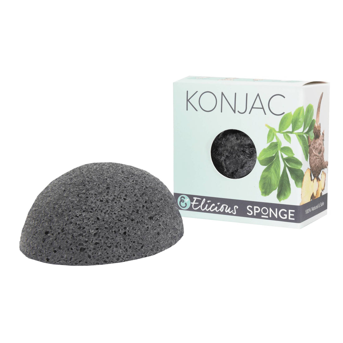 Grijze konjac gezichtsspons van Elicious met charcoal naast doosje.