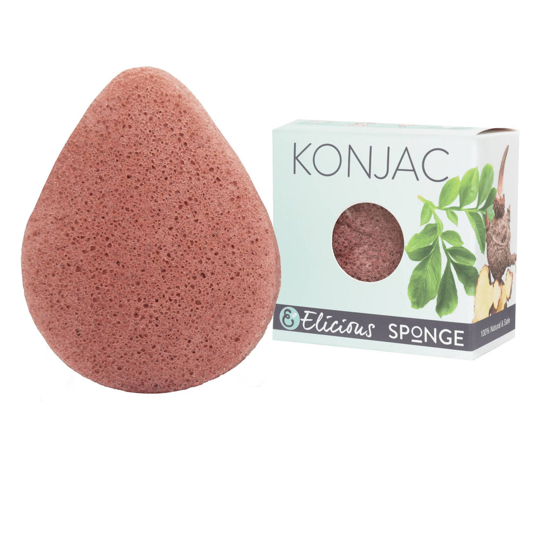 Konjac spons met rode Franse klei naast doosje.