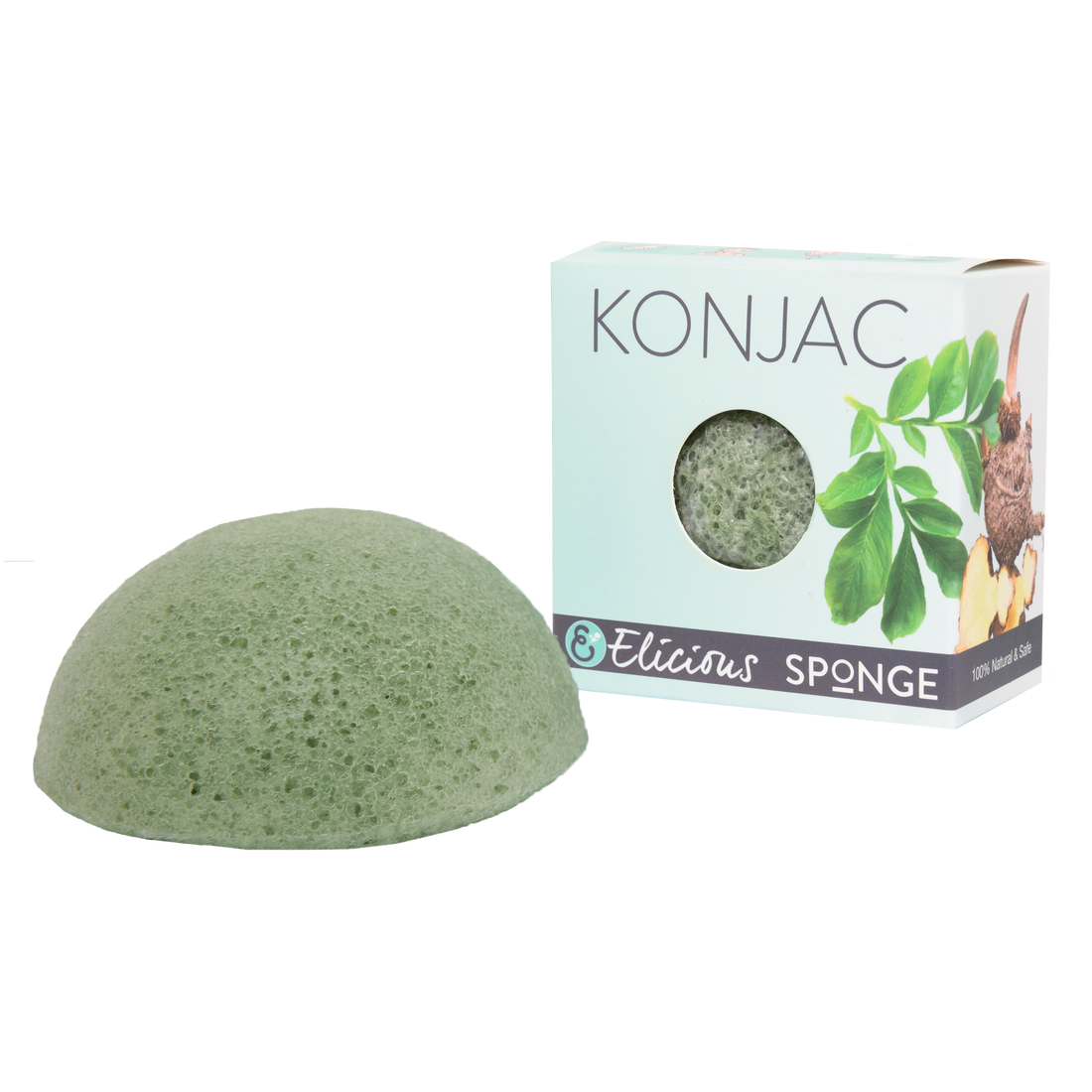 Konjac gezichtsspons groen van Elicious met groene thee naast doosje.