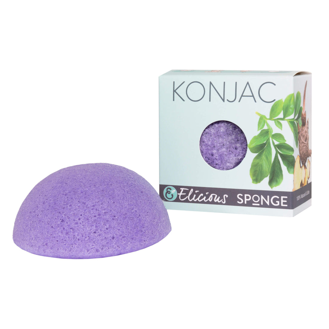 Paarse konjac gezichtsspons van Elicious met lavendel naast doosje.