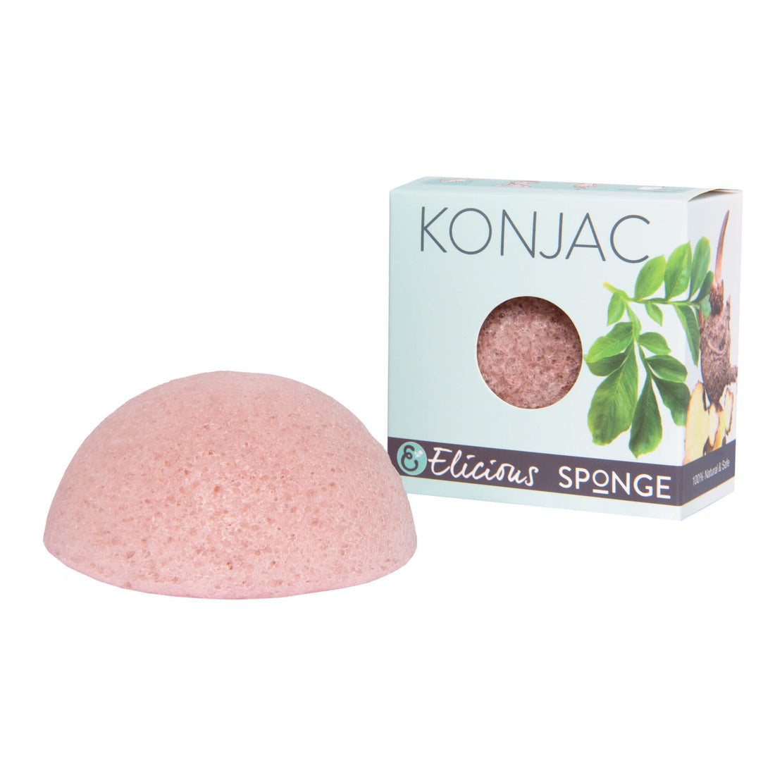 Konjac gezichtsspons roze van Elicious met lycopeen naast doosje.