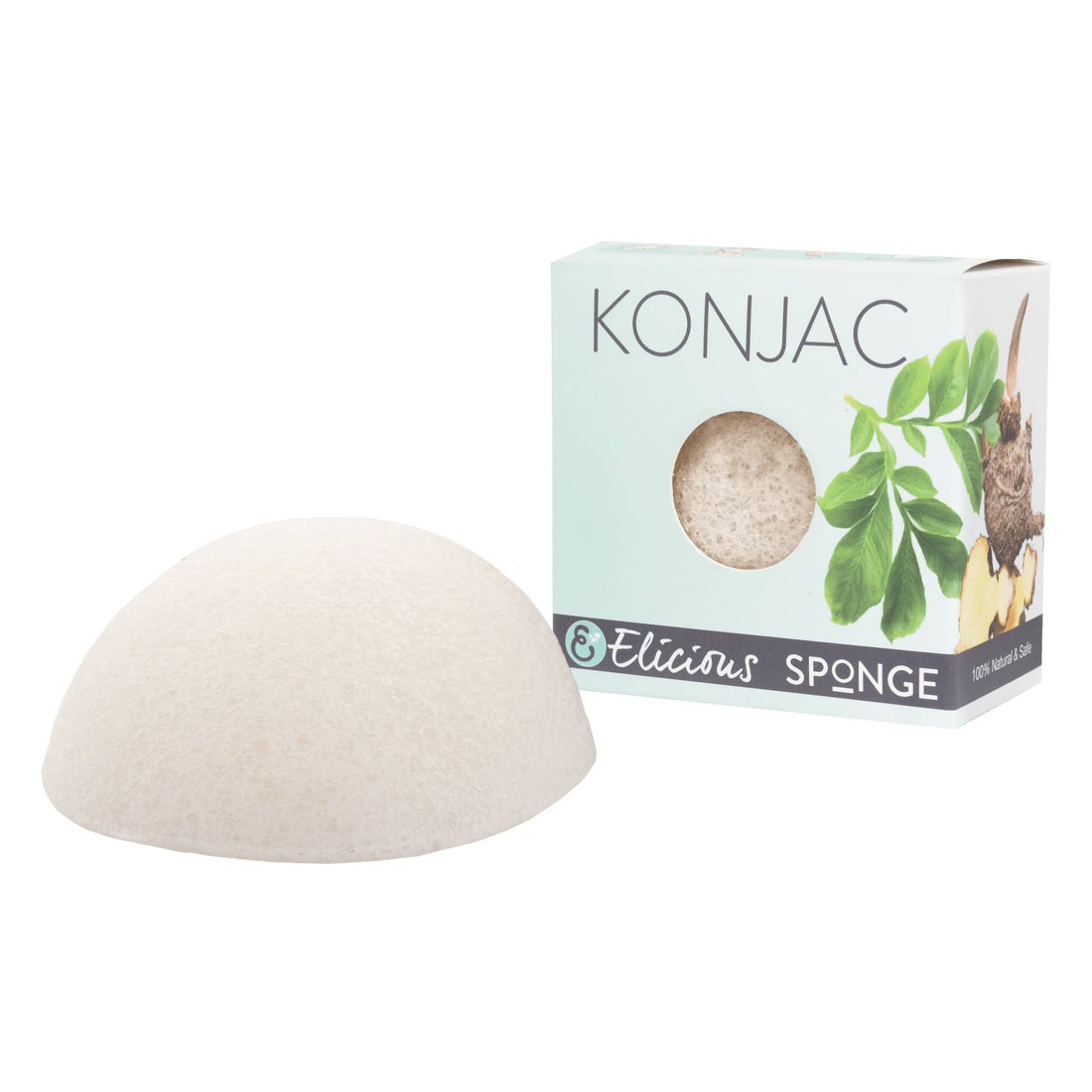 Konjac gezichtsspons wit van Elicious, puur zonder extra ingrediënten naast doosje.