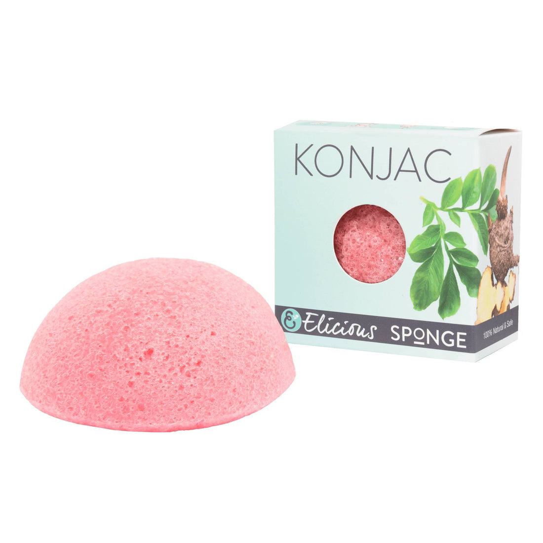 Konjac gezichtsspons roze met rozenextract van Elicious naast doosje.