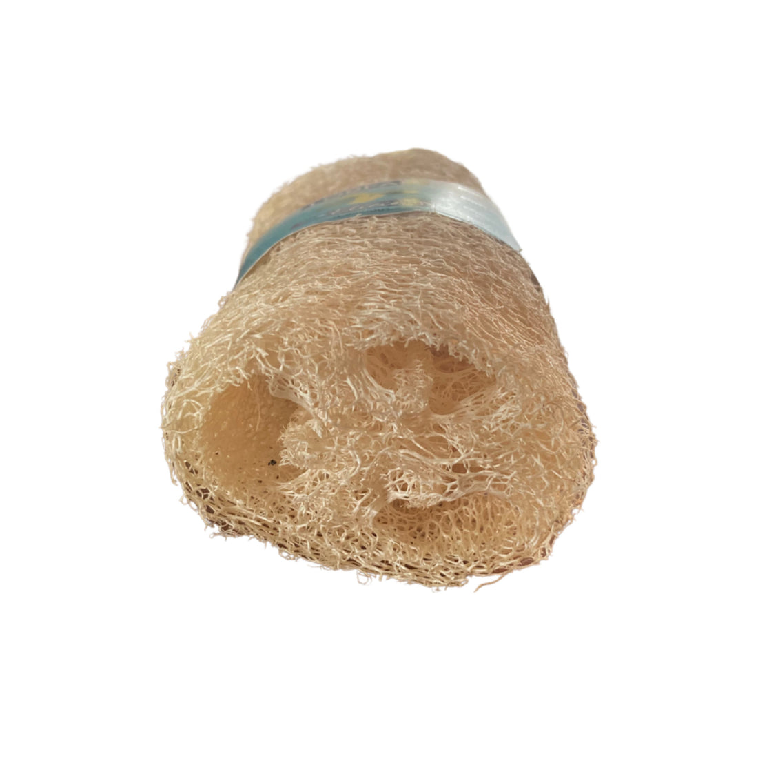 Voorraanzicht composteerbare Loofah body scrub rol, geschikt als peelingrol voor een mooie, egale huid, maar ook erg geschikt om je voeten zacht en mooi te houden. Afmeting: +/- 10 x 14 cm .