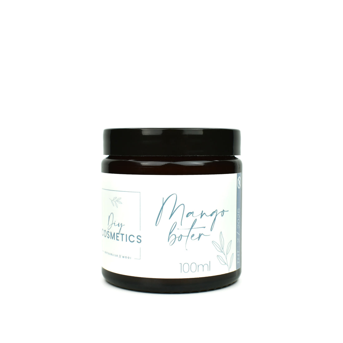 Amber kleurige glazen pot ml met zwarte deksel. Gevuld met 100 ml biologische Mango boter.