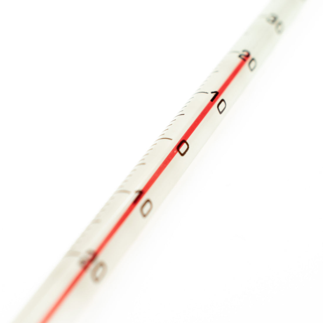 Glas thermometer gevuld met rode alcohol. Meetbereik van -20 tot 110 graden Celsius. Diameter 7 mm, lengte is 300 mm.