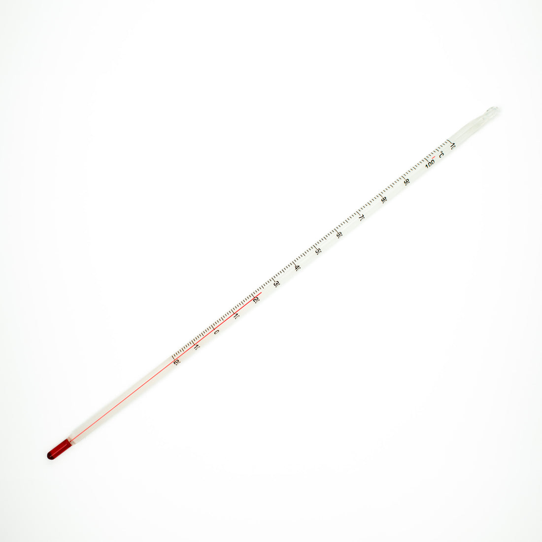 Glas thermometer gevuld met rode alcohol. Meetbereik van -20 tot 110 graden Celsius. Diameter 7 mm, lengte is 300 mm.