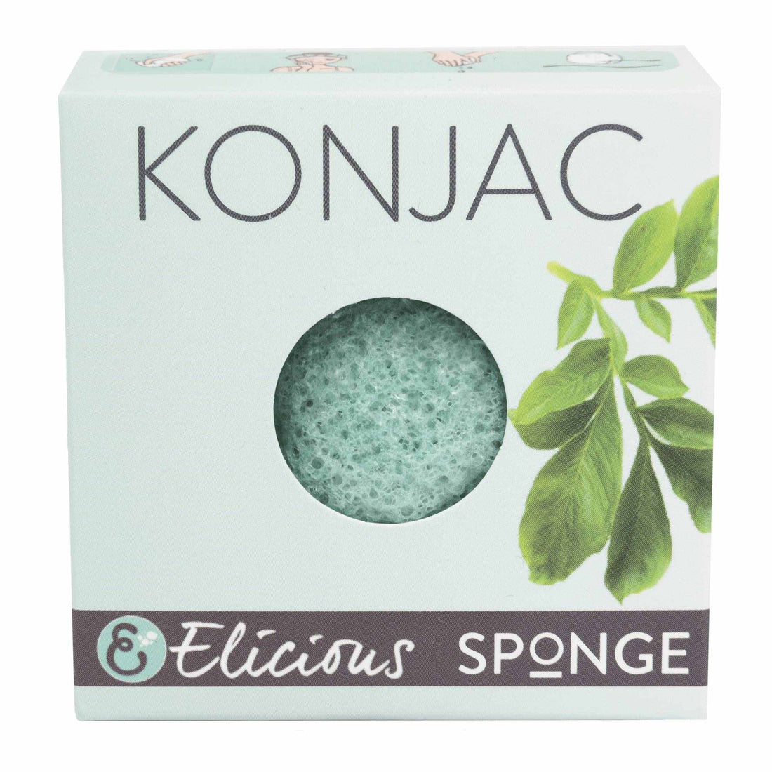 Konjac gezichtsspons mintgroen van Elicious met pepermunt in doosje.